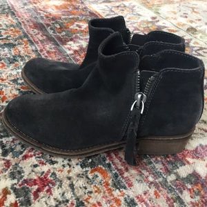 Girls Dolce Vita gray suede double zip booties.